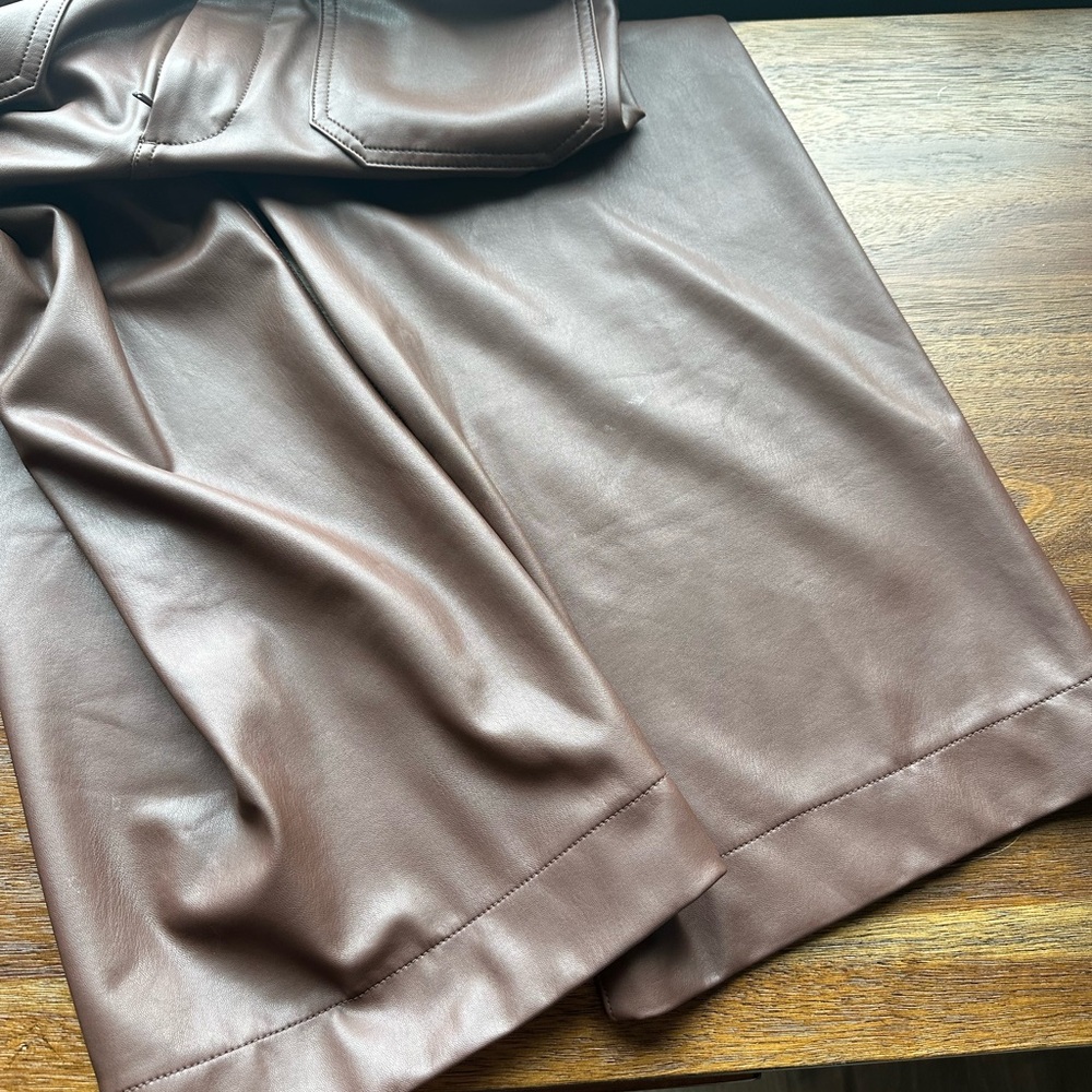 Maeve Anthropologie Chocolate Brown Colette Cropped Wide-Leg Faux Leather Pants - Picture 10 of 11